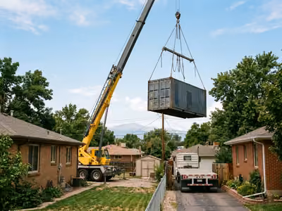 Mobile crane lifting a container off a flatbed