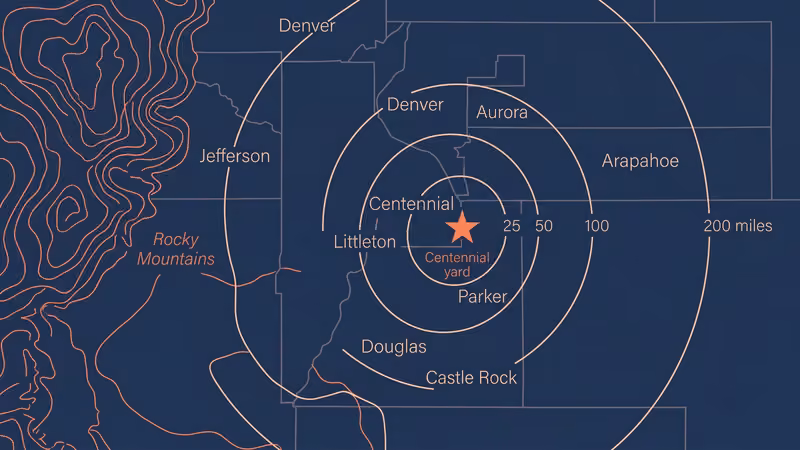 Centennial delivery zone map across the Denver metro with 25–200 mile radius rings