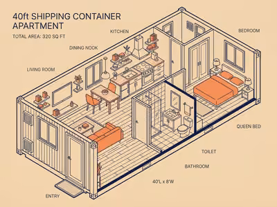 1-Bedroom floor plan for a 40ft container